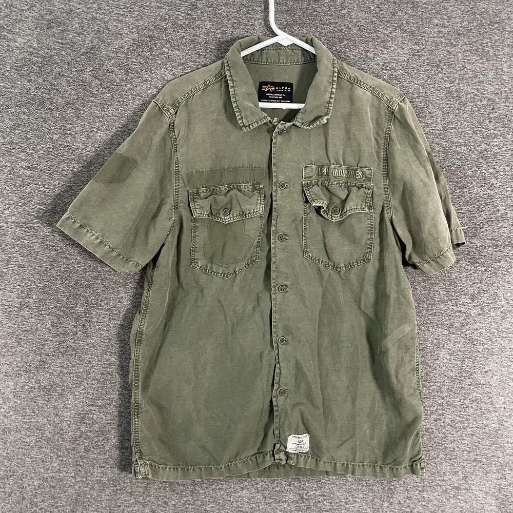 Alpha Industries Shirt Mens Small Green Linen Short Sleeve Military Button Up